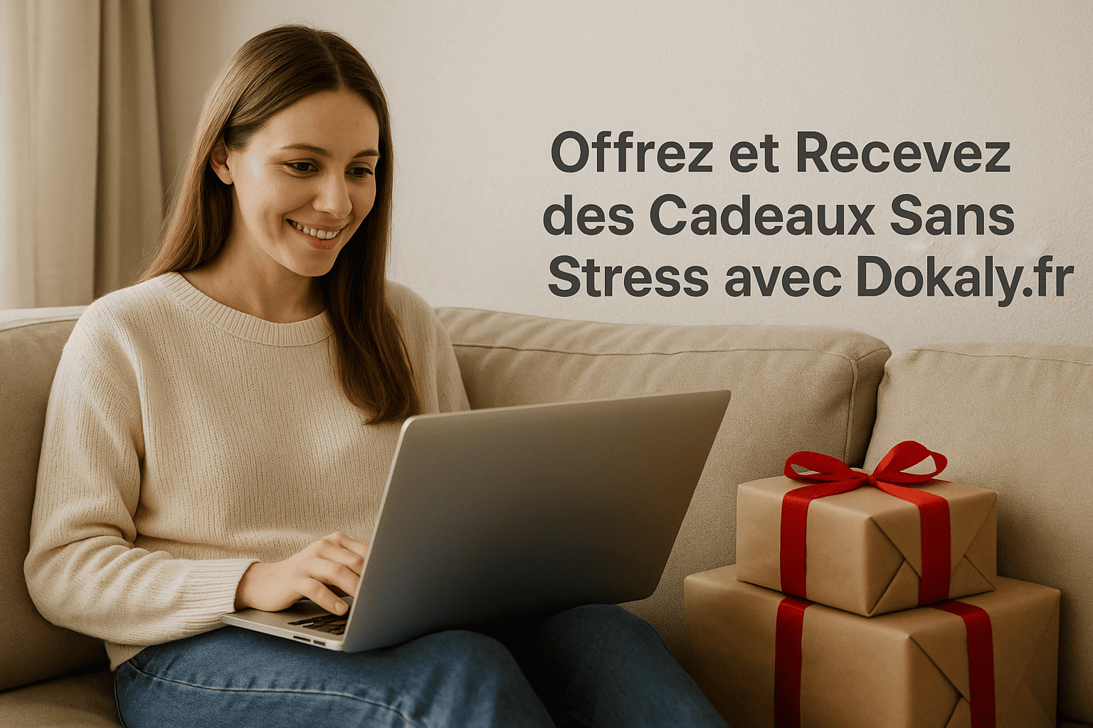 Femme souriante utilisant un ordinateur portable pour créer une liste de cadeaux sur Dokaly.fr, entourée de cadeaux emballés.