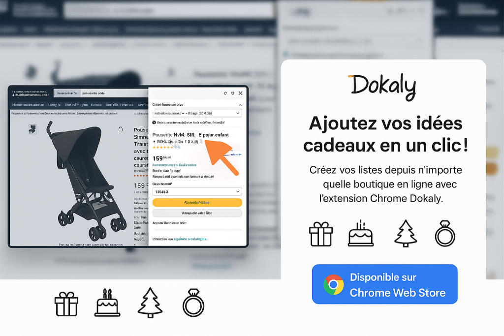Extension Chrome Dokaly affichée sur une page produit Amazon, permettant d’ajouter un article à une liste de cadeaux en un clic.