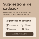 Illustration graphique des suggestions de cadeaux sur Dokaly.fr avec un fond beige, des icônes et un bouton “Ajouter à ma liste”.