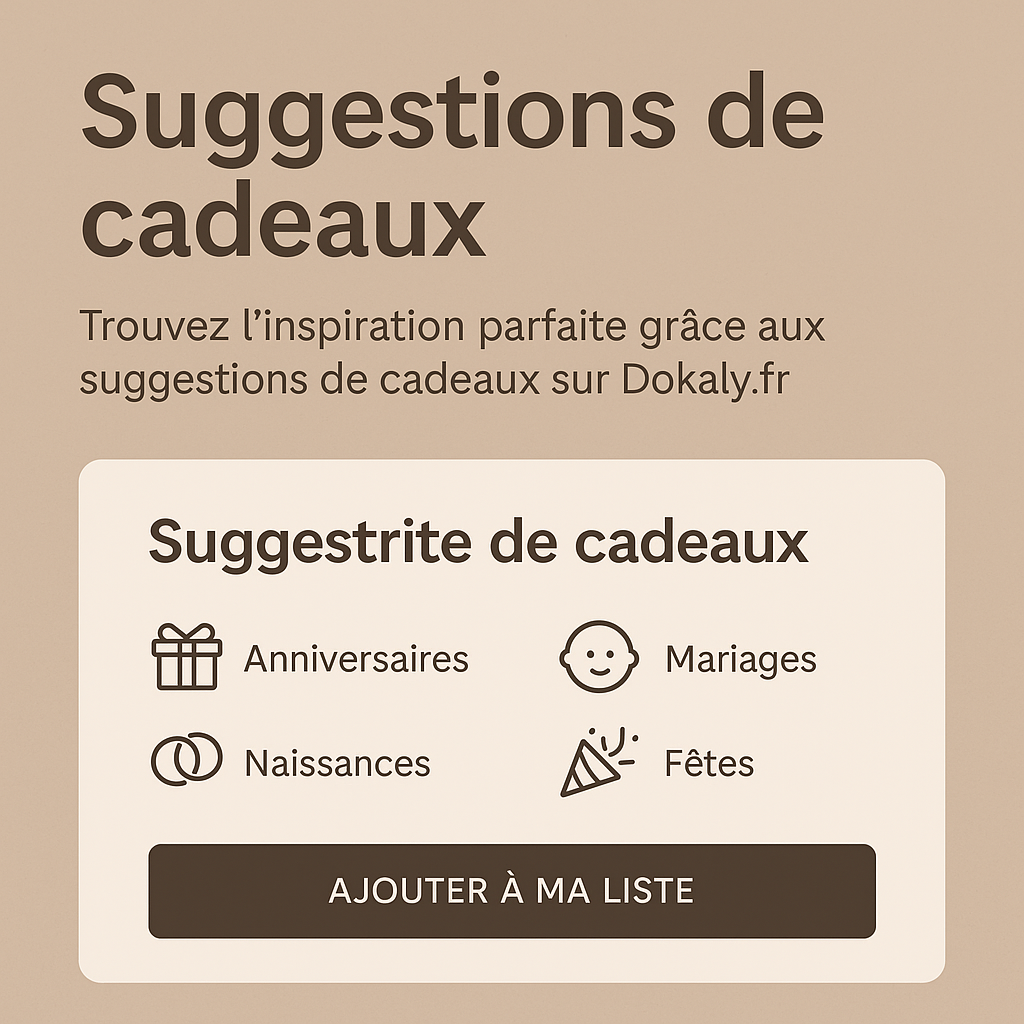 Illustration graphique des suggestions de cadeaux sur Dokaly.fr avec un fond beige, des icônes et un bouton “Ajouter à ma liste”.